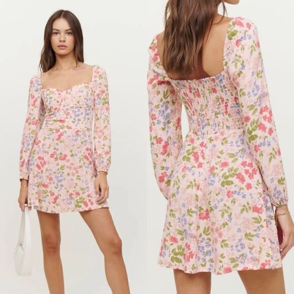Reformation Mini Esmee Pink Dress Floral Long Sleeve  Size 0 - Picture 1 of 11